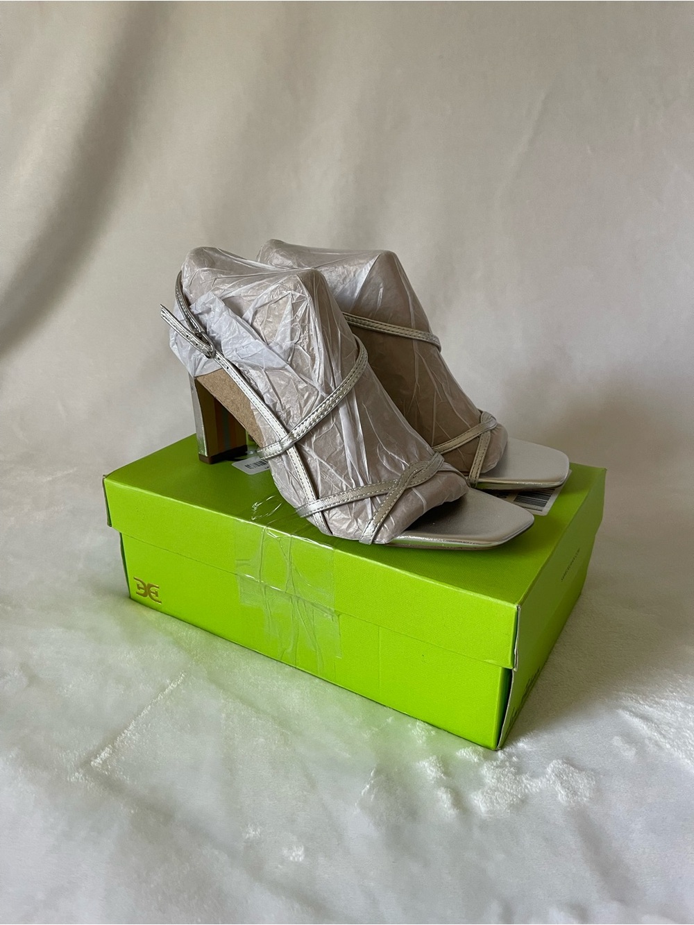 Sam Edelman Silver Metallic Strappy Open-Toe Block Heel Mules